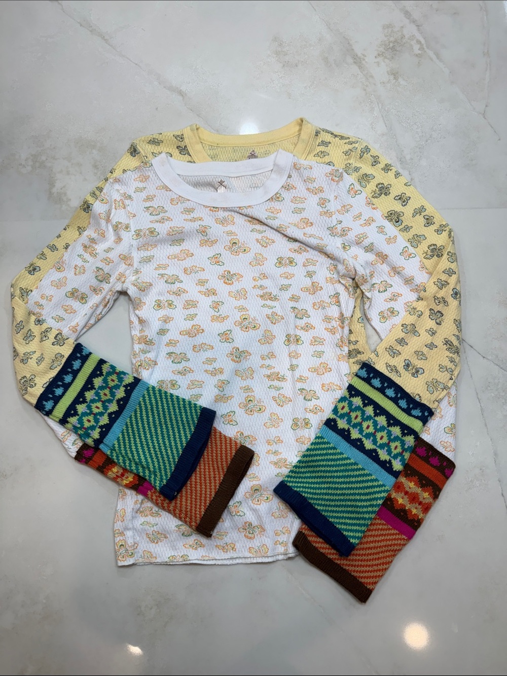 Free People We The Free Thermal Tops Patchwork Mixed Print M Lot 2